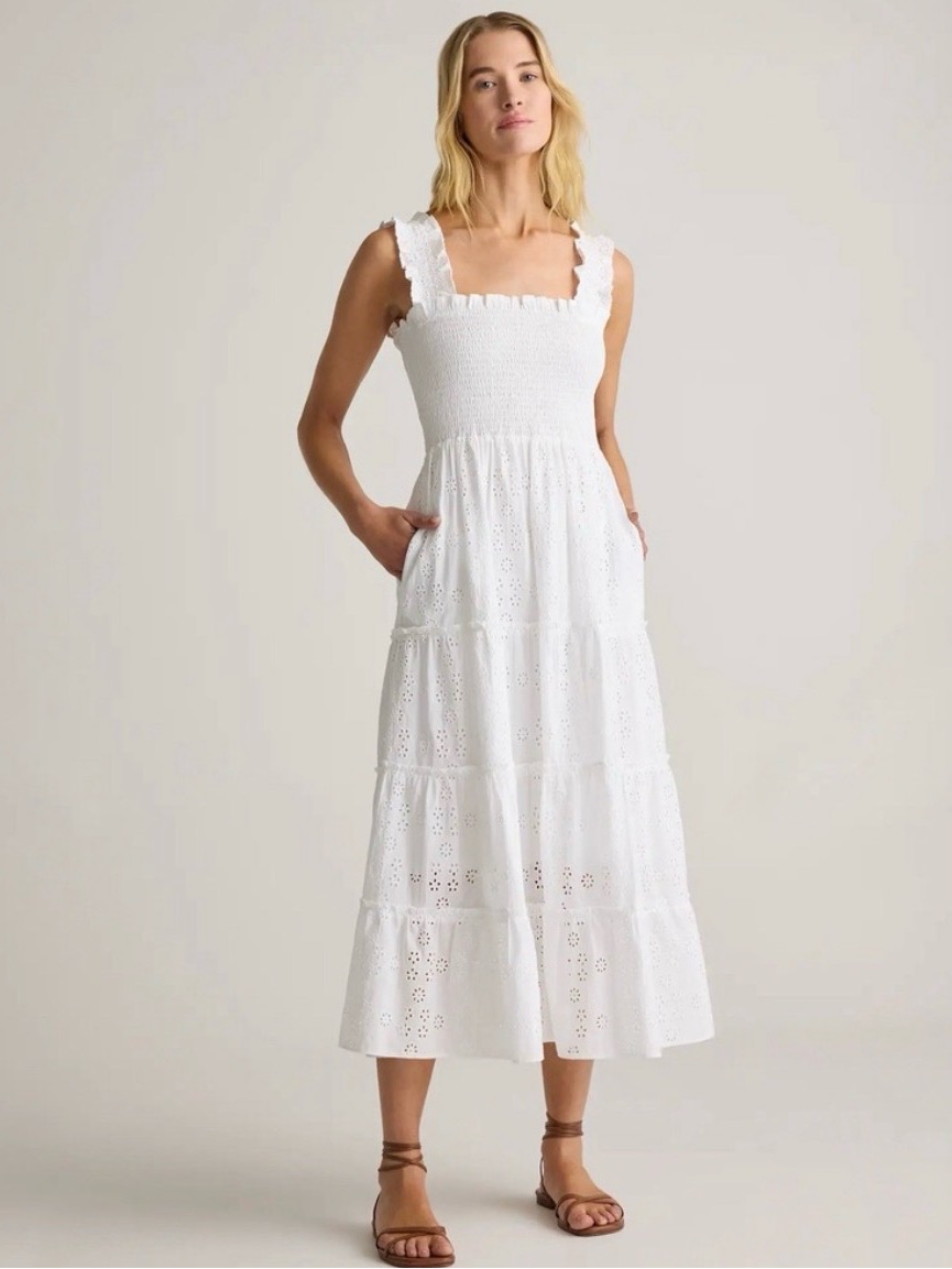 Quince White Eyelet Cotton Smocked Midi Ruffle Strap Dress M